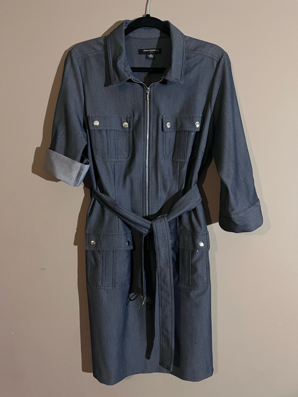 Sharagano Blue Denim like Zip-Front Midi Dress